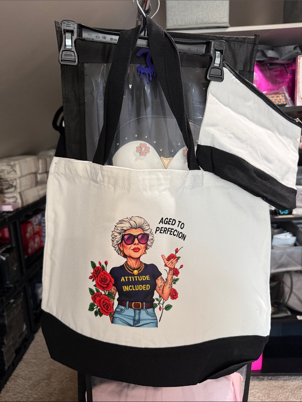 Attitude Included White & Black Tote Bag - Graphic Canvas  Bag - Picture 2 of 3
